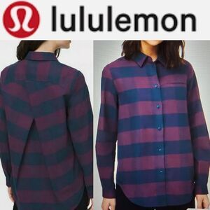 NEW 4 LULULEMON BLUE PURPLE PLAID SOFT OVERSIZED FLANNEL BUTTON DOWN SHIRT NWT